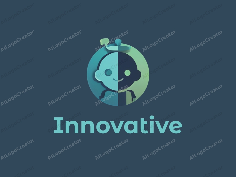 a modern design featuring a stylized robot silhouette, elements of innovation and future technology, combined with a clean background in blue and green tones.