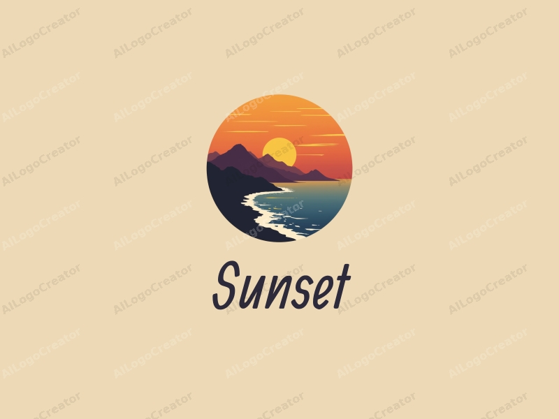 vintage design features a stylized sunset over a coastline with mountains in the background, using a harmonious blend of orange and purple colors, combined with a clean and simple composition.