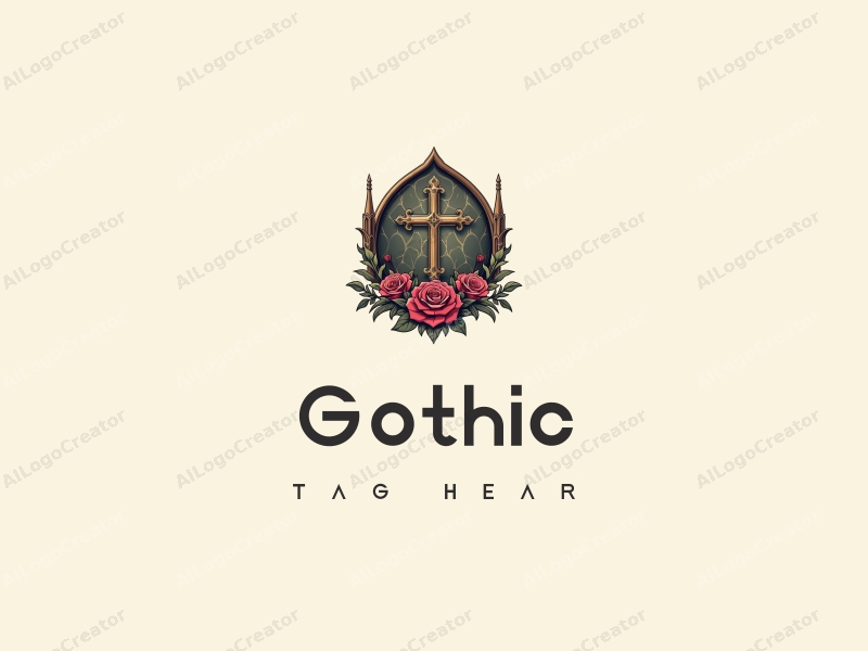 Gothic design features intricate Gothic architecture, stylized Gothic fashion elements, a cross, and a rose flower, combined with a clean background.