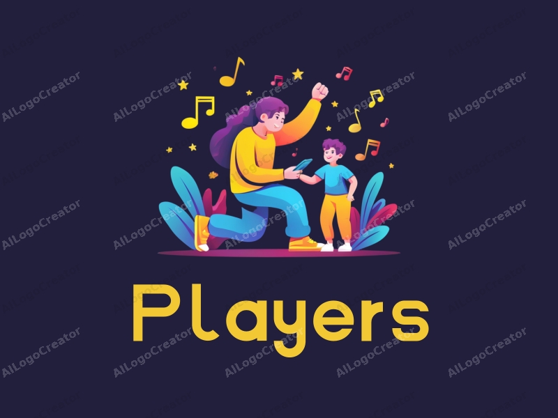 playful design features a vibrant array of colors, a stylized player and game character interacting with a dancer, surrounded by musical notes, combined with a clean and harmonious background.