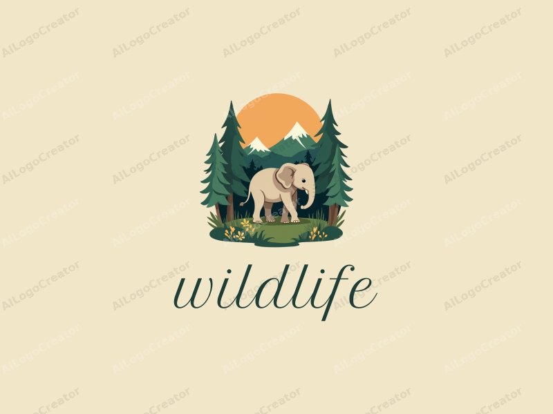 playful design features a stylized elephant amidst a lush forest, incorporating elements of wildlife and nature landscapes, with a clean background and harmonious composition.