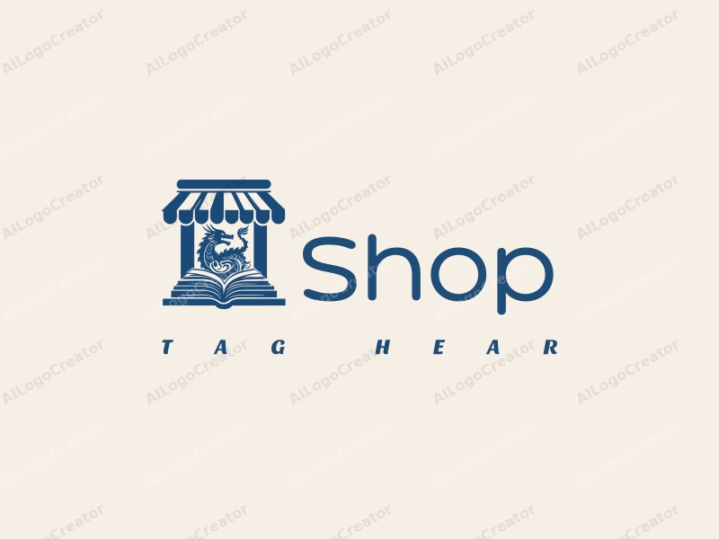 a modern design featuring a stylized shop front, a dragon intertwined with open books, using a blue color palette, combined with a clean and simple background.