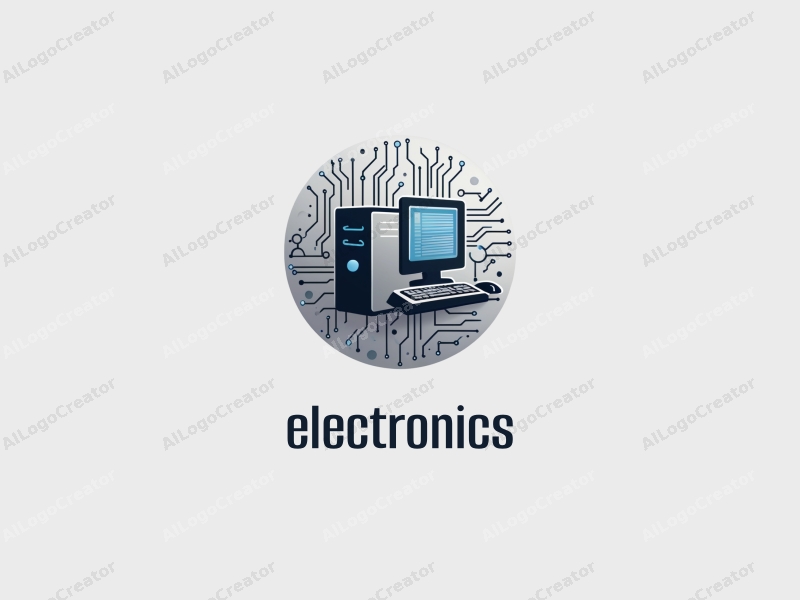 modern design features sleek electronic devices, a stylized computer silhouette, and intricate circuit patterns combined with a clean silver background.