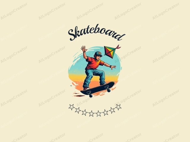 spaßige Designmerkmale eines lebendigen Skateboards, eines dynamischen Skateboarders in Aktion und einem farbenfrohen Drachen, der im Hintergrund schwebt, kombiniert mit einem sauberen und einfachen Layout.