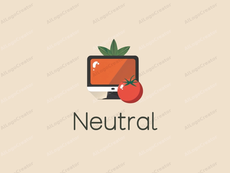 minimalist design features a stylized tomato and a computer, emphasizing neutrality and balance, combined with a clean background.