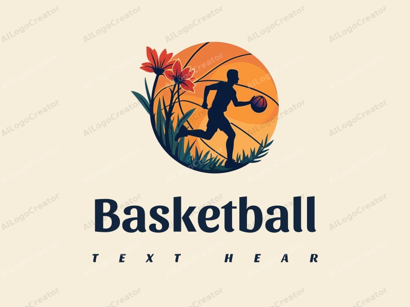 playful design features a stylized basketball intertwined with a vibrant flower, alongside a dynamic silhouette of an athlete in motion, combined with a clean background.