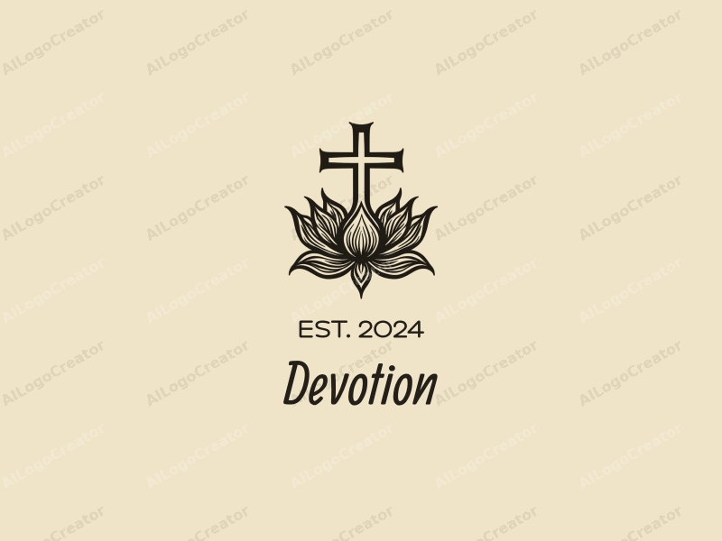 vintage design features a stylized cross intertwined with a lotus flower, symbolizing faith and prayer, combined with a clean background.