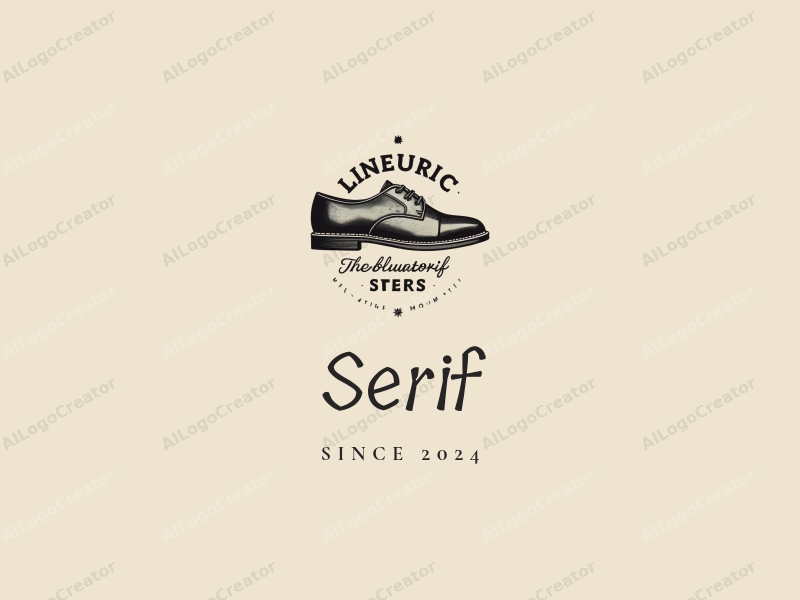 vintage design features elegant serif fonts, a stylized shoe silhouette, and a classic stamp design approach combined with a clean background.