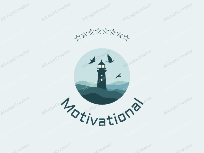 a modern design featuring a stylized lighthouse and flying birds, symbolizing motivation and inspiration, combined with a clean background in blue and green tones.