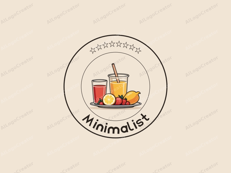 minimalist design features simple line drawings of a juice glass, a dessert plate, a milk tea cup, and various fruits, combined with a clean background.