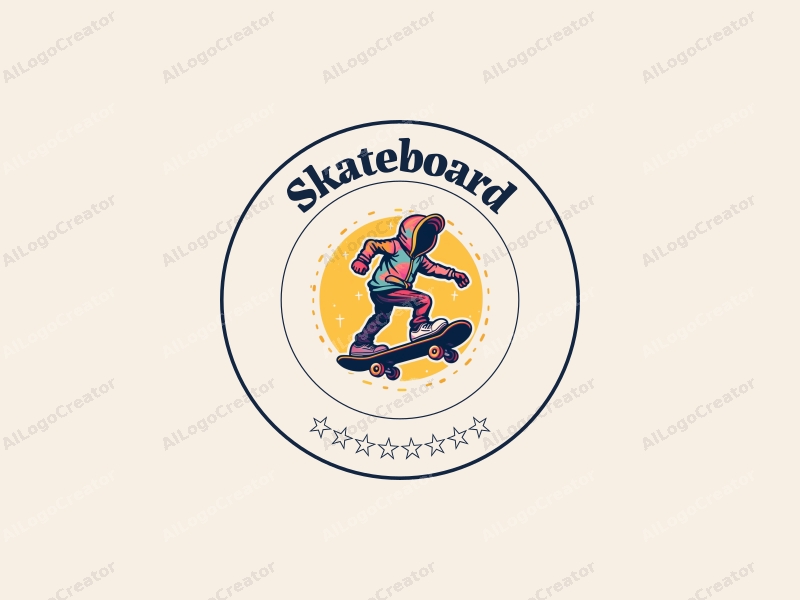 playful design features a vibrant skateboard, a stylized head, and feet, combined with a dynamic and energetic composition against a clean background.