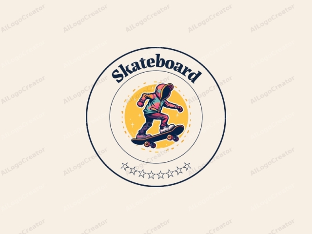 ein freundliches Design, das ein lebendiges Skateboard, einen stilisierten Kopf und Füße, kombiniert mit einer dynamischen und energiegeladenen Komposition auf einem sauberen Hintergrund zeigt.