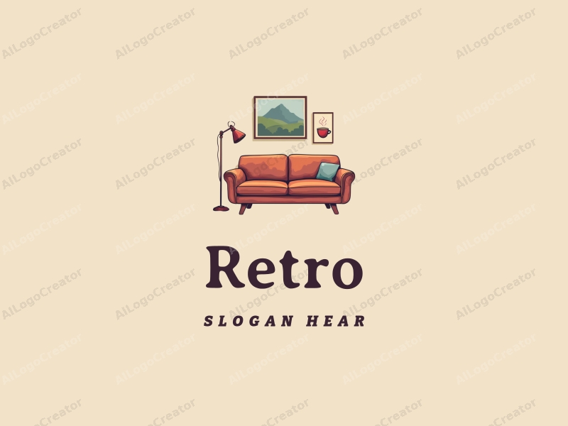 vintage design features a retro sofa, a retro poster, and a coffee cup, combined with a clean background and harmonious composition.