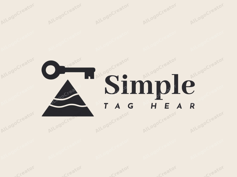 minimalist design features a stylized key and a pyramid, combined with a clean background and simple lines.