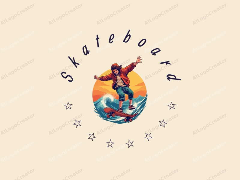 playful design features a vibrant skateboard, a dynamic skateboarder in action, and elements of surfing, combined with a clean background.