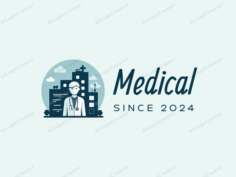 modern design features a stylized hospital silhouette, a doctor figure, and a robotic arm integrated with medical equipment, combined with a clean background.