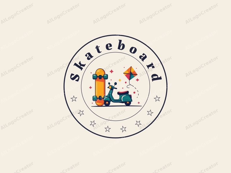 playful design features a vibrant skateboard, a stylized scooter, and a whimsical kite, combined with a clean background.