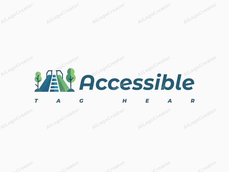 modern design features accessibility elements like ramps and handrails, combined with a blue and green color palette, emphasizing inclusivity and urban planning, set against a clean background.