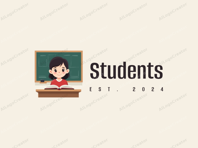 modern design features a stylized student in a classroom setting, with an open book and a blackboard, combined with a clean background.