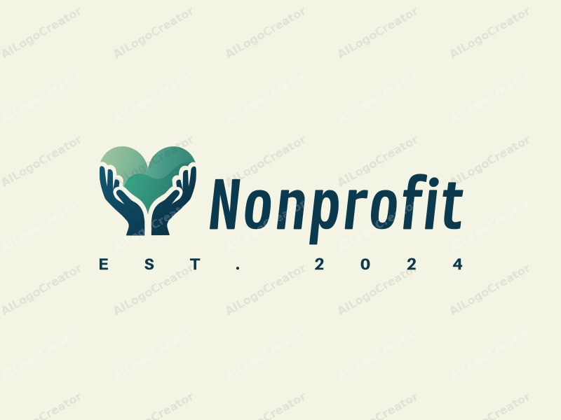 modern design features a heart shape formed by hands, symbolizing charity and volunteerism, combined with a clean background in blue and green tones.