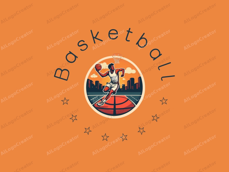 playful design features a stylized basketball, an athlete in action, a basketball court in the background, and elements of dialogue bubbles, combined with a clean and simple layout.