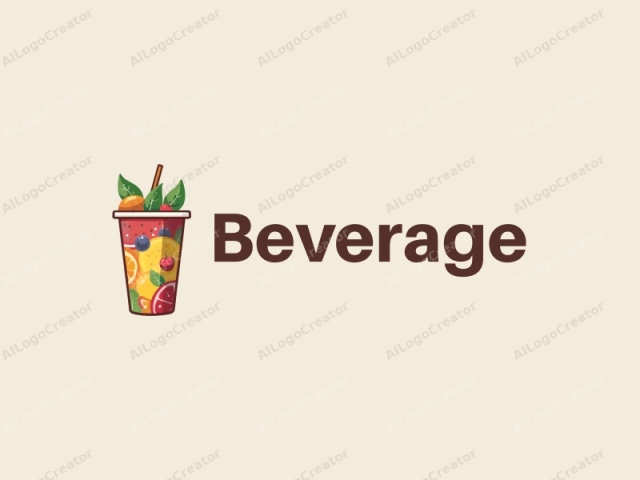 un diseño moderno que presenta una copa vibrante llena de jugo colorido, incorporando diversos elementos de frutas, con un fondo limpio y sencillo.