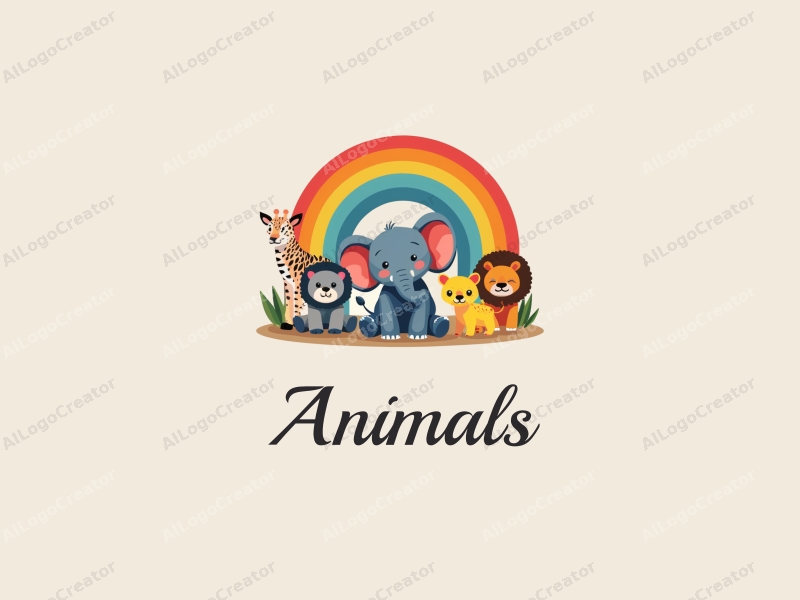 playful design features a small elephant under a vibrant rainbow, surrounded by various wild animals, using a colorful palette and a clean background.