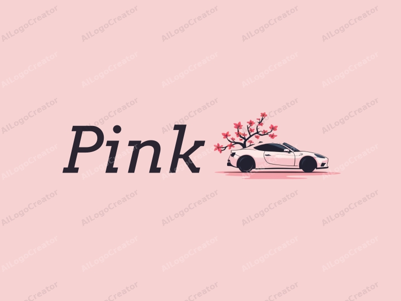 minimalist design features stylized cherry blossoms intertwined with a sleek car silhouette, set against a clean pink background.