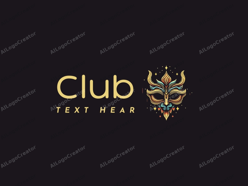 a modern design featuring a stylized club scene with social elements, incorporating a mask and masquerade theme, combined with a clean black background.