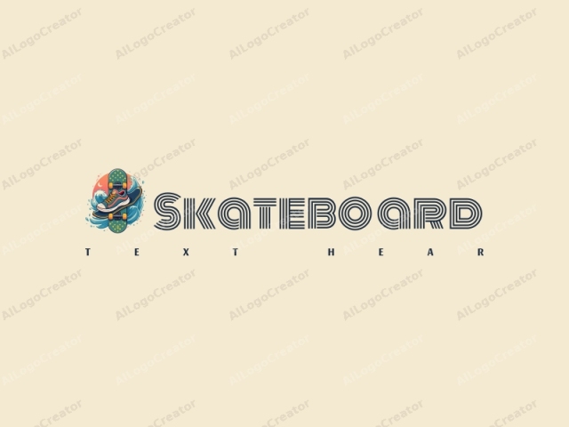 fröhliche Designelemente eines lebendigen Skateboards, stilisierten Skateschuhen und dynamischen Wellen, kombiniert mit einem sauberen Hintergrund.