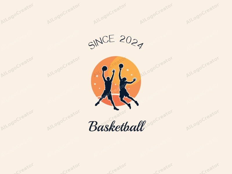 playful design features a dynamic basketball silhouette, an athlete in mid-dunk, and a shooting pose, combined with a clean background.