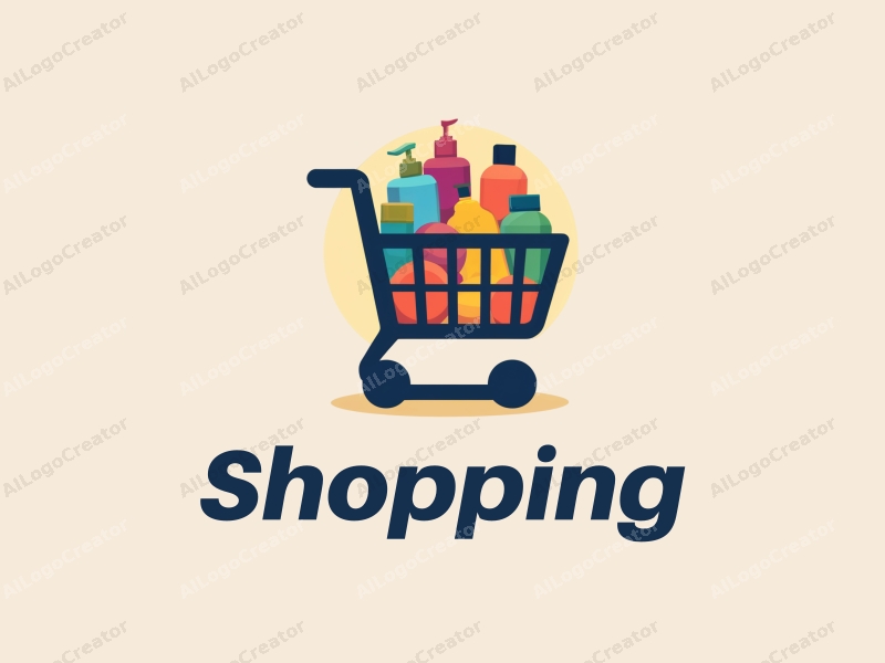 a modern design featuring a colorful shopping cart filled with various products, set against a stylized mall background, emphasizing simplicity and harmony in composition.