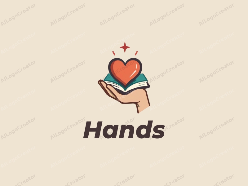 a modern design featuring a hand gently holding a heart and a book, with skin tone colors, combined with a clean background.