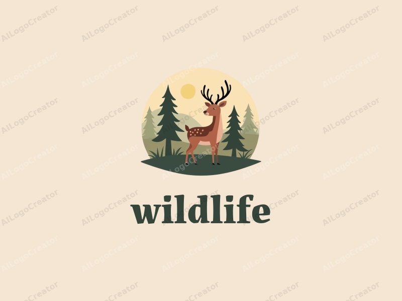 playful design features a stylized deer among trees, surrounded by natural landscapes, using a harmonious blend of earthy colors and a clean background.