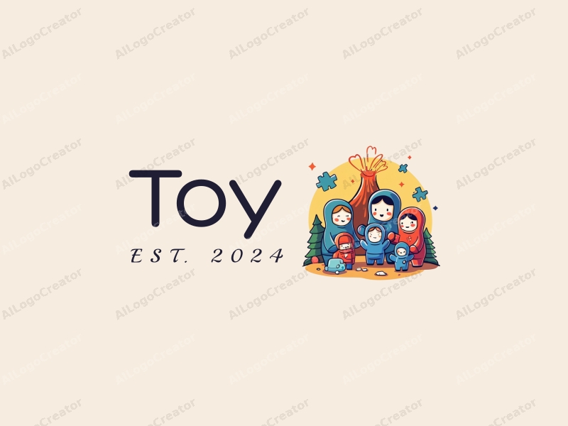 playful design features colorful dolls and puzzles, a whimsical astronaut, and a stylized volcano, combined with a clean background.