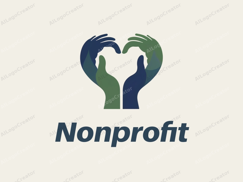 modern design features a heart shape formed by hands, symbolizing charity and volunteerism, combined with a clean background in blue and green tones.