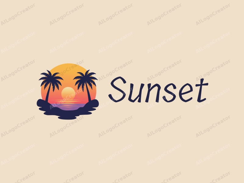 vintage design features a stylized sunset over a beach with palm trees, incorporating warm orange and purple hues, combined with a clean background.