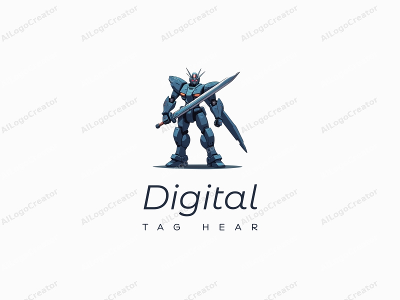 modern design features a sleek robot silhouette holding a stylized sword, combined with digital elements and a clean background.