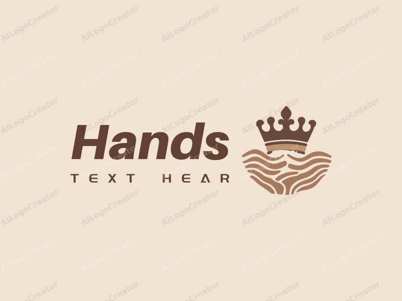 a modern design featuring a hand holding a crown, with flowing waves integrated into the composition, using skin tone colors for a harmonious and clean look.