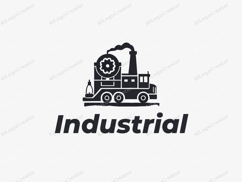 modern design features a stylized factory silhouette, interlocking gears, and a conveyor belt, combined with a clean background.