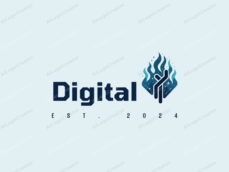 a modern minimalist design featuring digital elements, stylized flames, and pipes, combined with a clean background in blue and black colors.