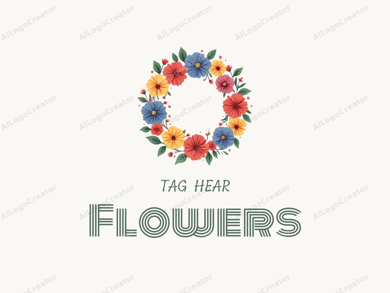 playful design features a vibrant floral wreath made of colorful flowers and petals, combined with a clean background.