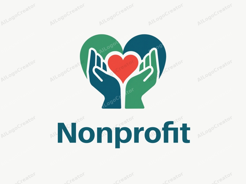 modern design features a stylized heart and hands symbolizing charity and volunteerism, combined with a clean background in blue and green tones.