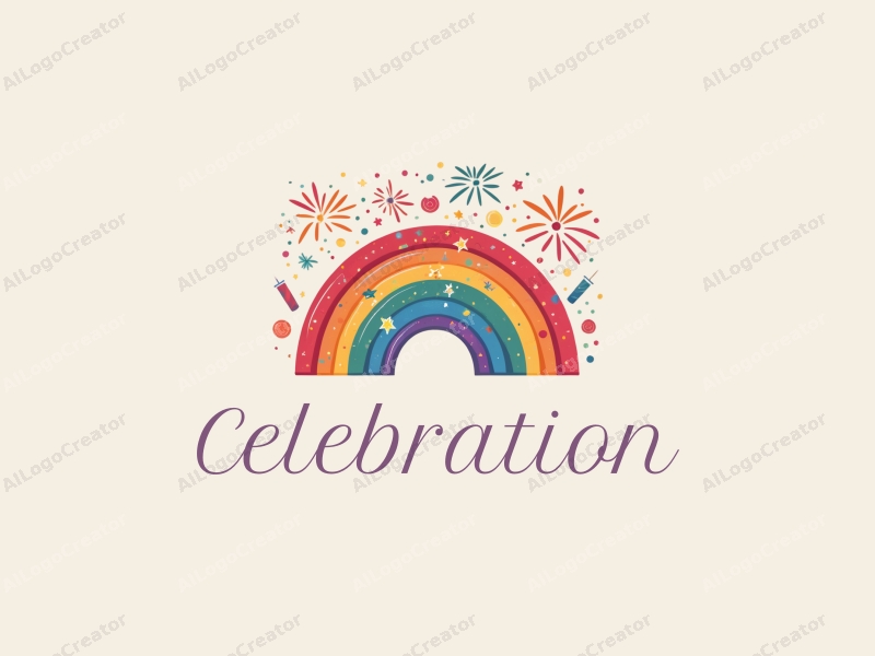 playful design features vibrant rainbow colors, stylized fireworks, and celebration elements combined with a clean background.