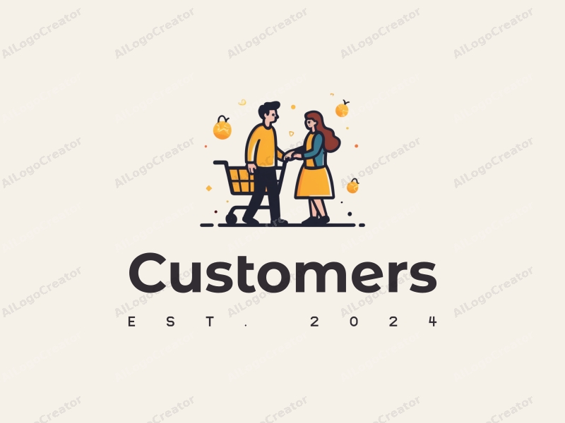 a modern design featuring a stylized customer and shopper interacting with a shopping cart and shopping bag, combined with a clean background.