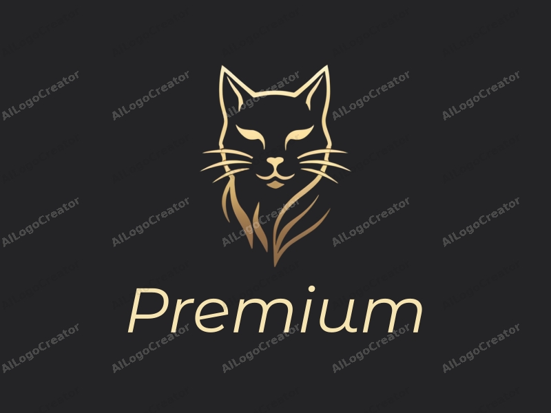 a modern design featuring a stylized cat symbolizing care, combined with high-end elements, using a gold and black color palette, creating a harmonious and clean composition.