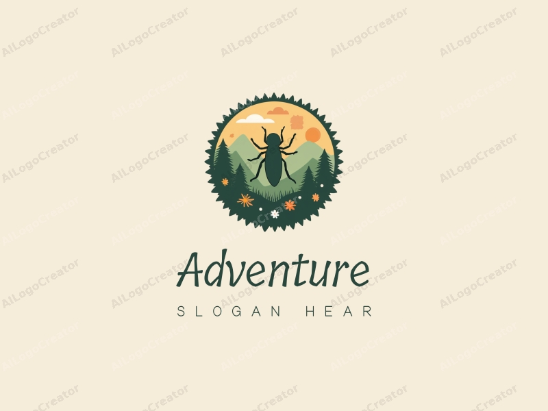 playful design features adventurous hiking elements, stylized insects, and a vibrant green color palette combined with a clean background.