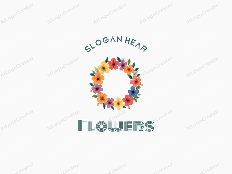 playful design features a vibrant floral wreath made of colorful flowers and petals, combined with a clean background.