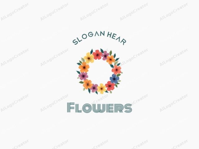 playful design features a vibrant floral wreath made of colorful flowers and petals, combined with a clean background.