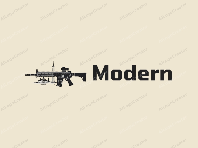 minimalist design features simple outlines of firearms and architectural structures, combined with a modern and innovative design approach on a clean background.